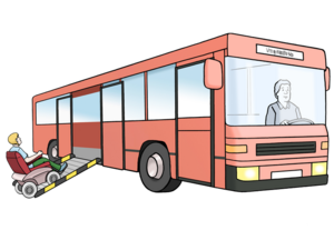 Bus mit geöffneter Rollstuhlrampe und Rollstuhlfahrer