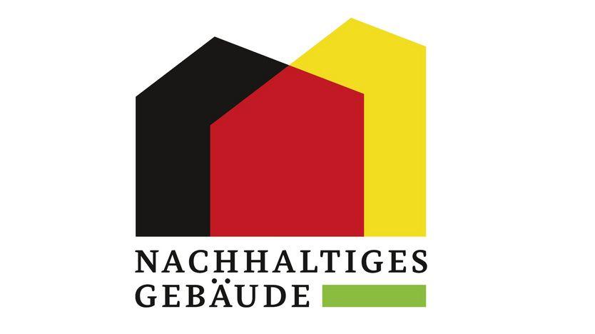 Die Illustration zeigt das Logo des Qualitätssiegel Nachhaltiges Gebäude, eine Verschmelzung von drei abstrakten Haussilhouetten.
