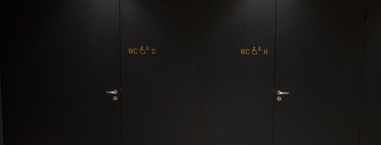 Im Hintergrund 2 Türen zu zwei rollstuhlgerechten Toiletten, links für Damen, rechts für Herren, mit jeweils einem Aufmerksamkeitsfeld (auf dem Boden) neben den Türen.  Die Türgriffhöhe ist barrierefrei. 