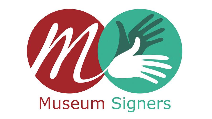 Das Logo der Museum Signers, bestehend aus einem geschwungenen M und zwei Händen, die sowohl ein S andeuten könnten als auch das Zeichen für die Gebärdensprache sind.